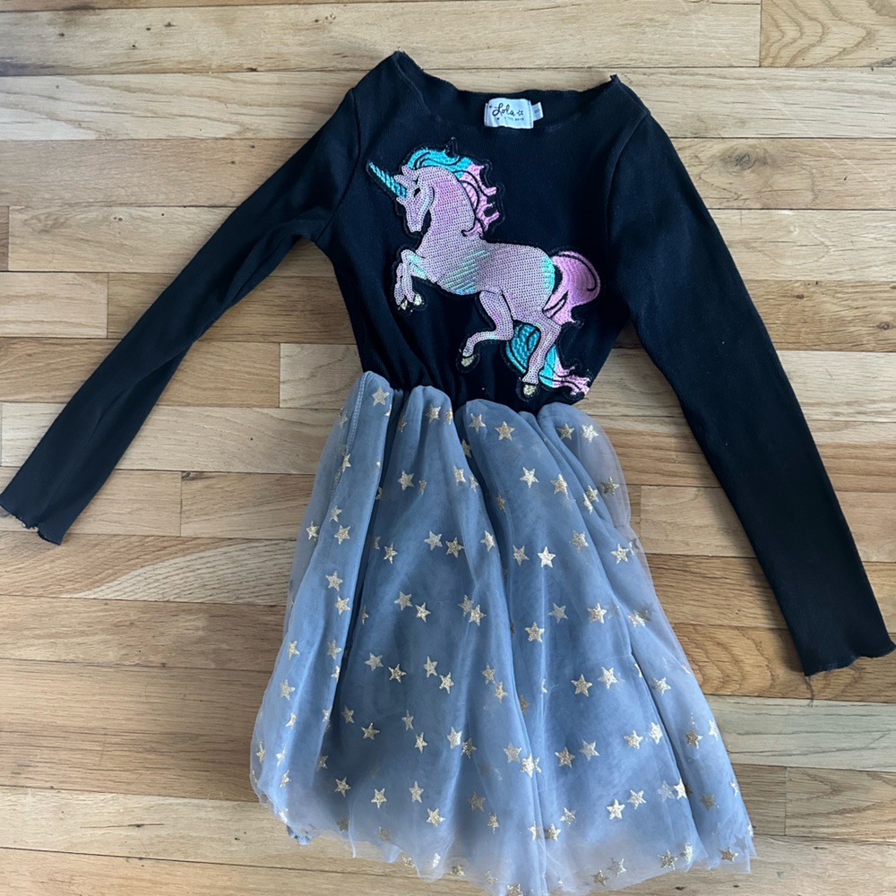 Lola and the Boys Black Unicorn Dress with Starry Tulle Skirt